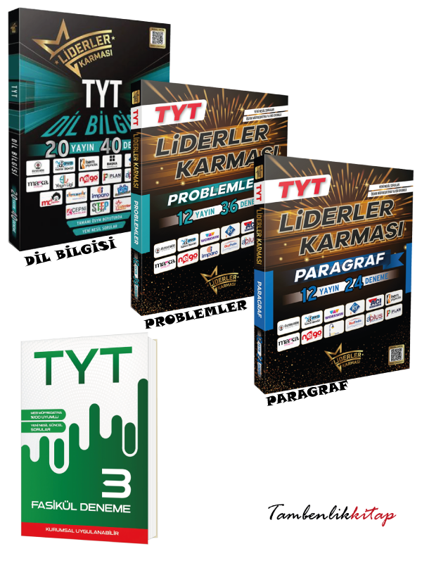 Liderler Karması TYT 4'lü Sınava Hazırlık Seti (Paragraf,Dil Bilgisi,Problemler,3 Genel Deneme)