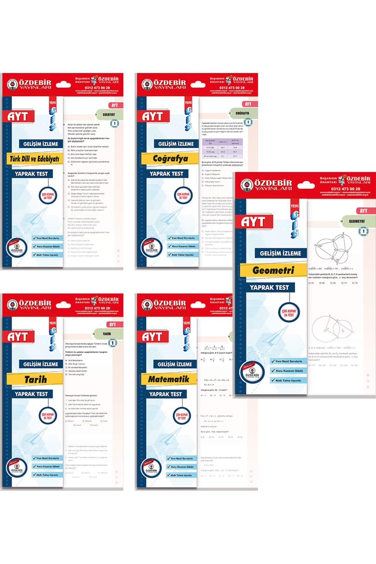 ÖZDEBİR YAYINLARI AYT YAPRAK TEST EŞİT AĞIRLIK SET (MATEMATİK, GEOMETRİ, EDEBİYAT, TARİH, COGRAFYA)