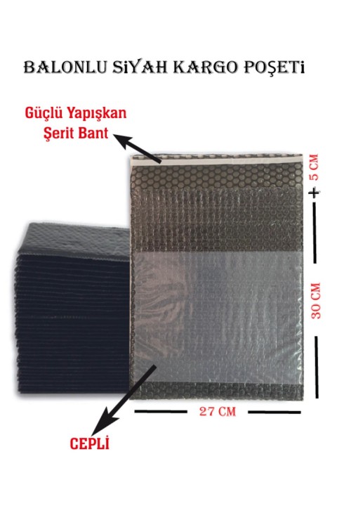 25 Adet Balonlu Siyah Cepli Kargo Peşeti (27X30+5) (80 GR/M2)