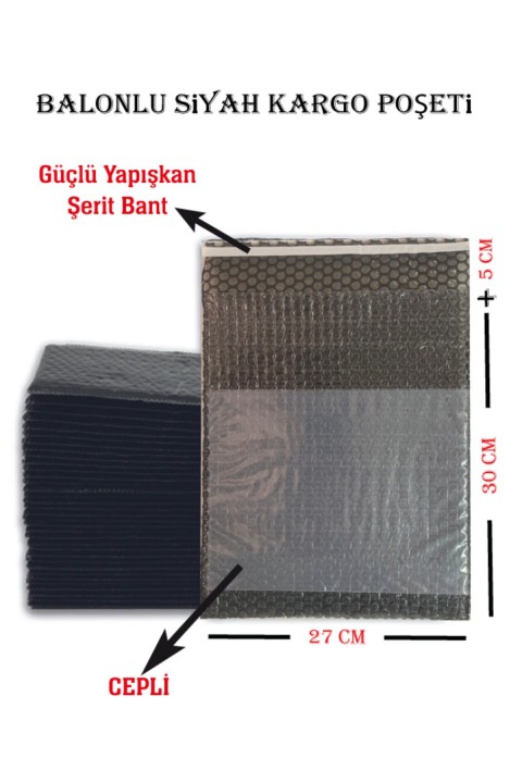 50 Adet Balonlu Siyah Cepli Kargo Peşeti (27X30+5) (80 GR/M2)